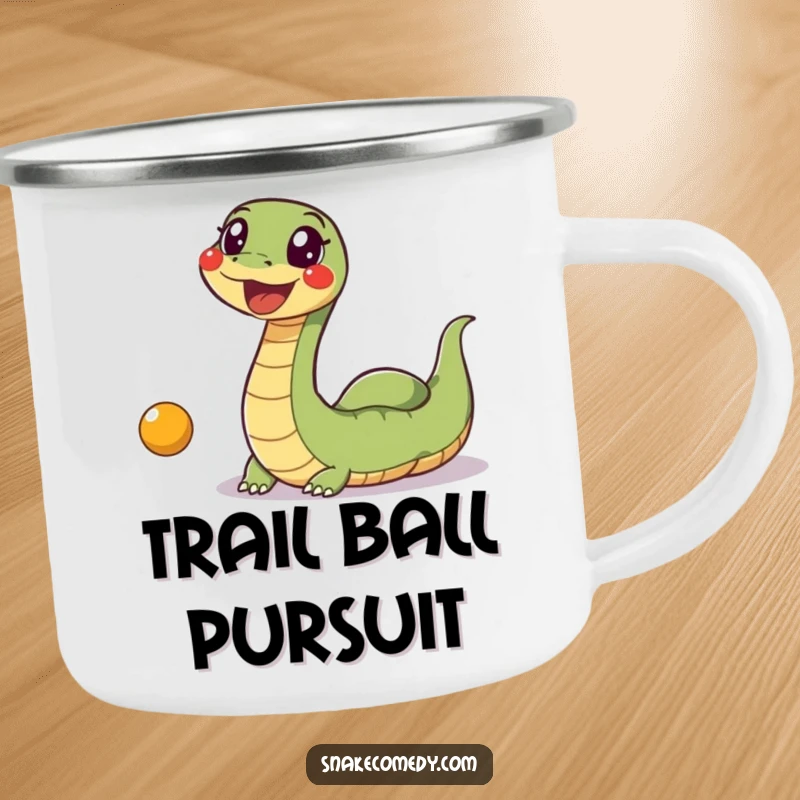 Funny Snake Ball Camping Mug: An excited, wiggly snake is humorously shown chasing a bouncing ball, ready for outdoor fun.
