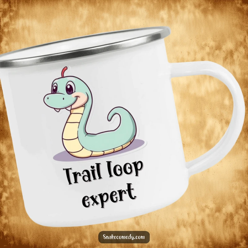 Funny serpentine camping mug, playful snake with a wide grin wiggling in a loop, for outdoor fun, a funny gift.