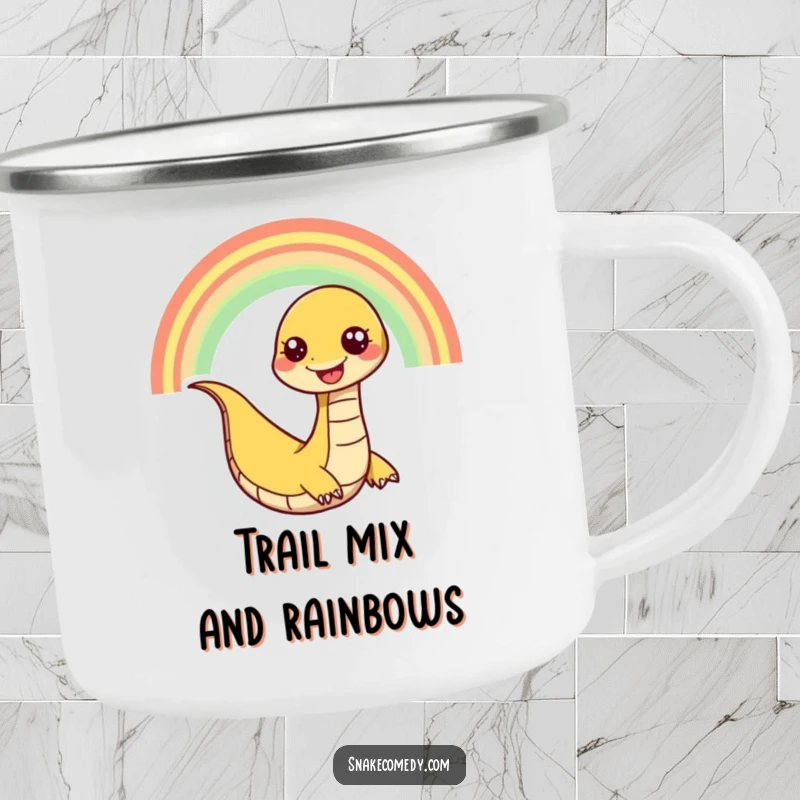 Funny snake camping mug depicting a happy snake character slithering playfully down a rainbow, ready for fun and laughter outdoors.