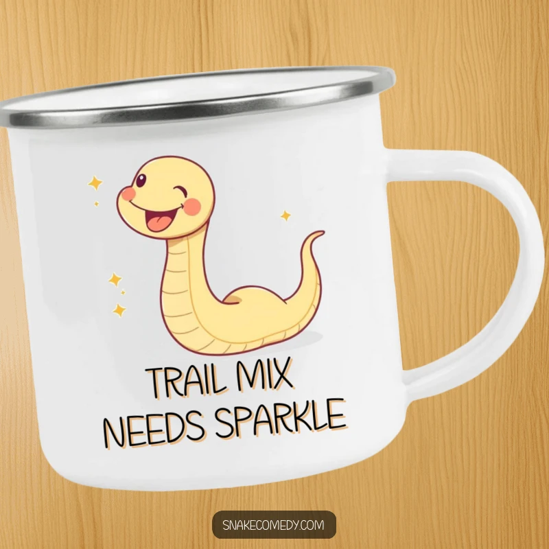 Funny sparkle snake camping mug, a happy snake leaving a trail of glitter on an outdoor adventure, durable and humorous.