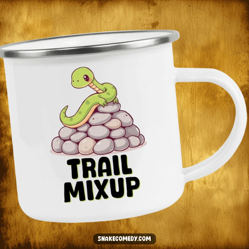 Funny enamel camping mug showing a cartoon snake comically slipping on a pile of smooth, round stones, ideal for outdoor use.