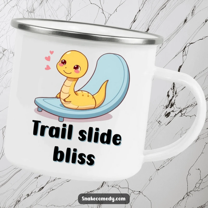 Funny camping mug with a coiled snake character sighing contentedly after a smooth slide down a ramp, perfect for relaxed adventures.