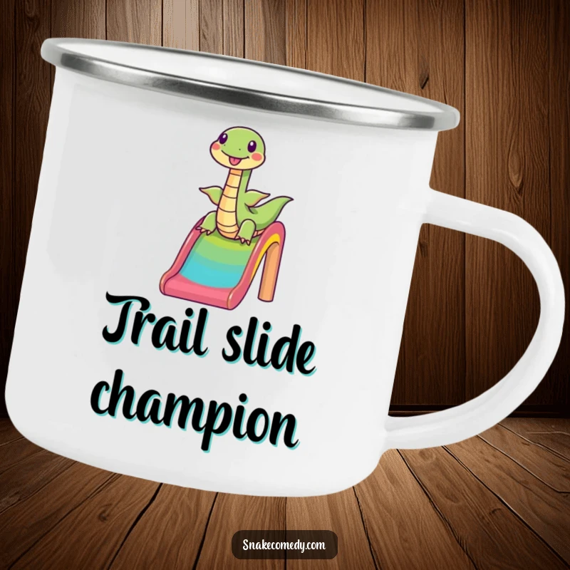 Funny snake sliding down a rainbow, happy cartoon, durable camping mug, perfect humorous outdoor gift.
