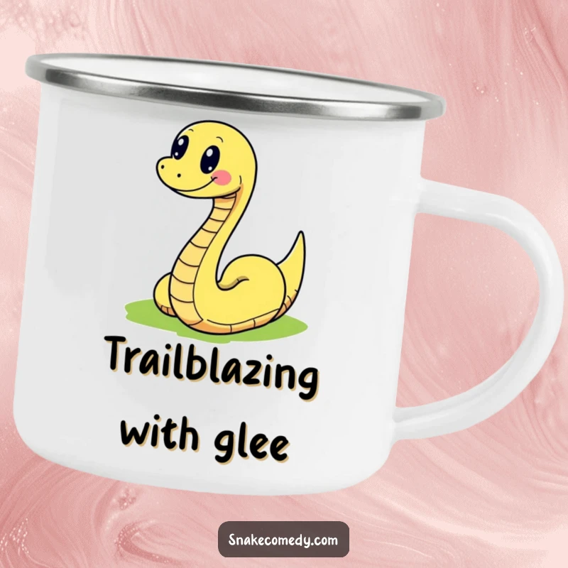 Funny snake joyfully slithering on a colorful path, printed on a sturdy camping mug, ideal for outdoor sipping and humor.