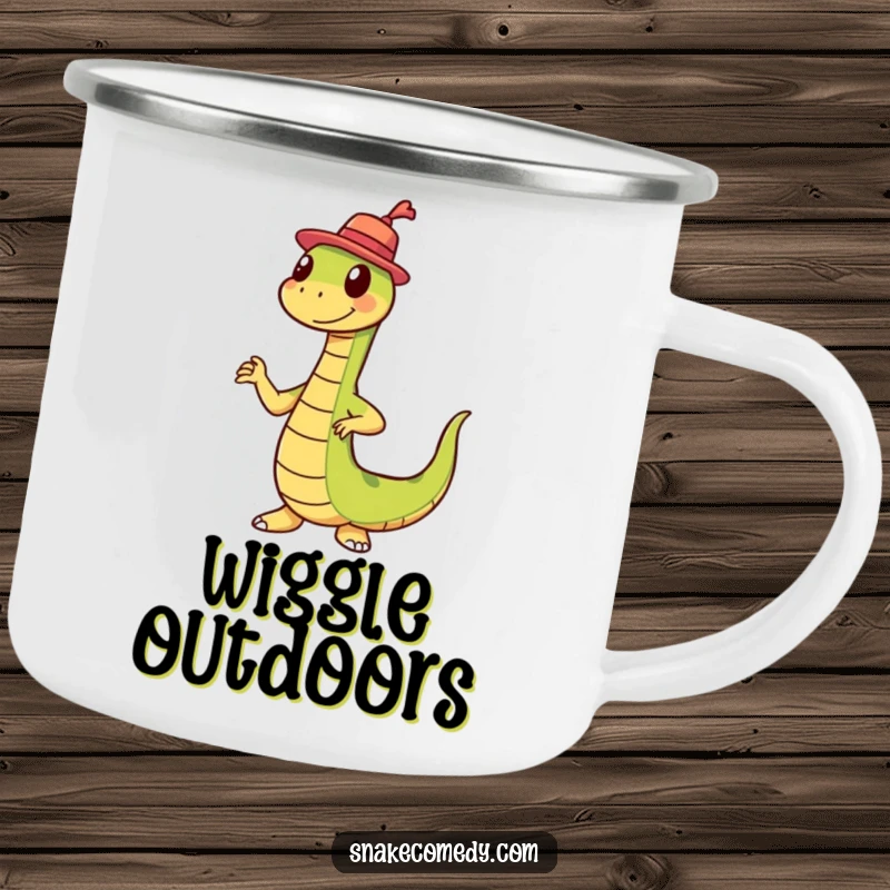 Funny snake wearing a small hat, performing a wiggle dance on an enamel camping mug for outdoor fun.