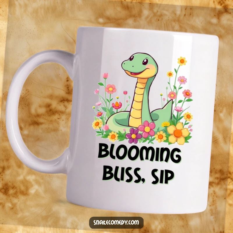 Funny Happy Snake Mug: A smiling snake joyfully slithering through a field of colorful flowers, radiating happiness.