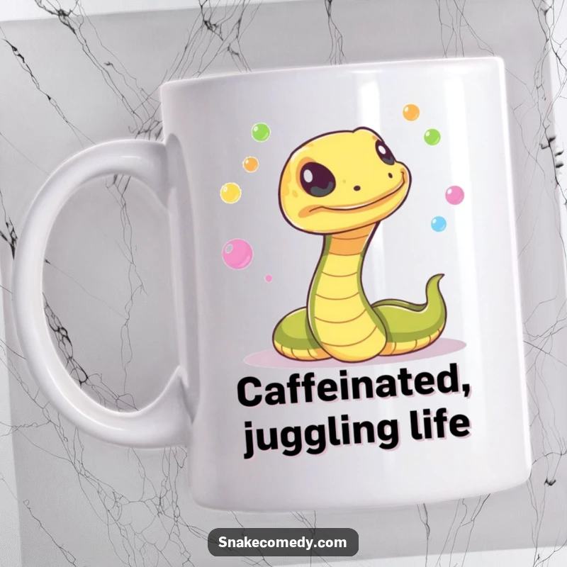 Funny snake with a mischievous flicker, juggling colorful, glowing orbs on a mug, capturing magical and humorous energy.