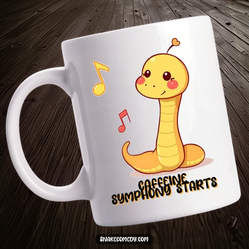Funny mug showing a snake playfully bopping a floating musical note, celebrating rhythm and fun with a smile.