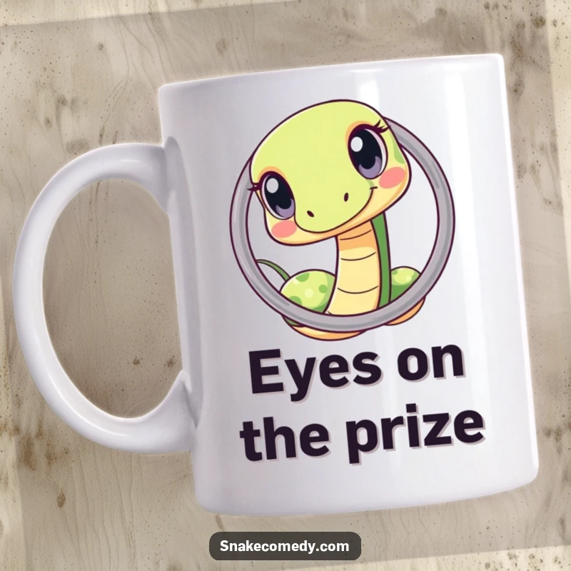 Funny kawaii snake mug, depicting a cute snake with wide, curious eyes squeezing through a tiny hoop with determination.