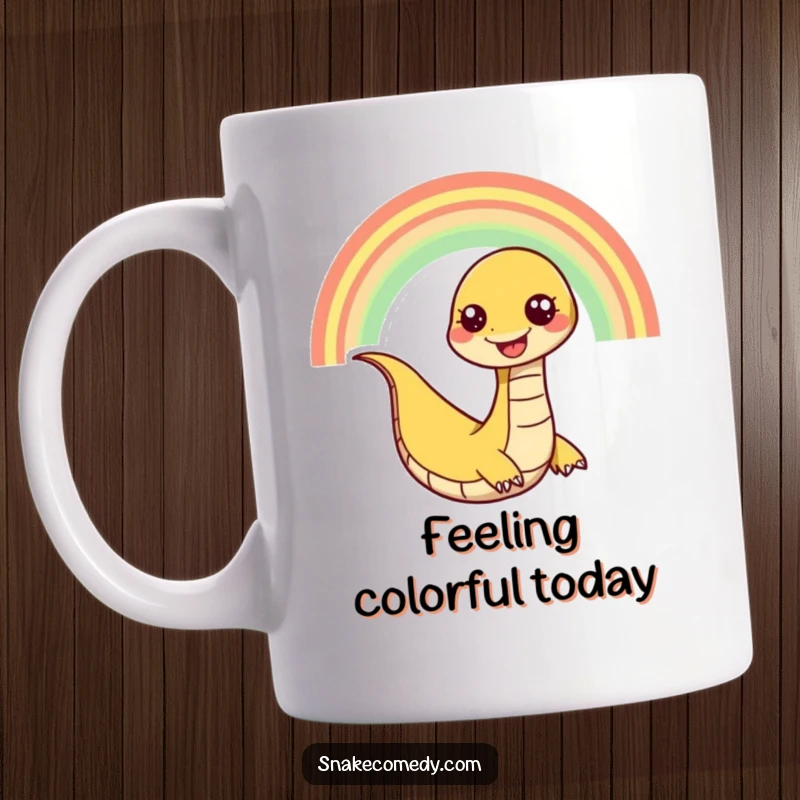 Funny snake mug showing a happy snake character playfully slithering down a vibrant rainbow with a wide, infectious grin.