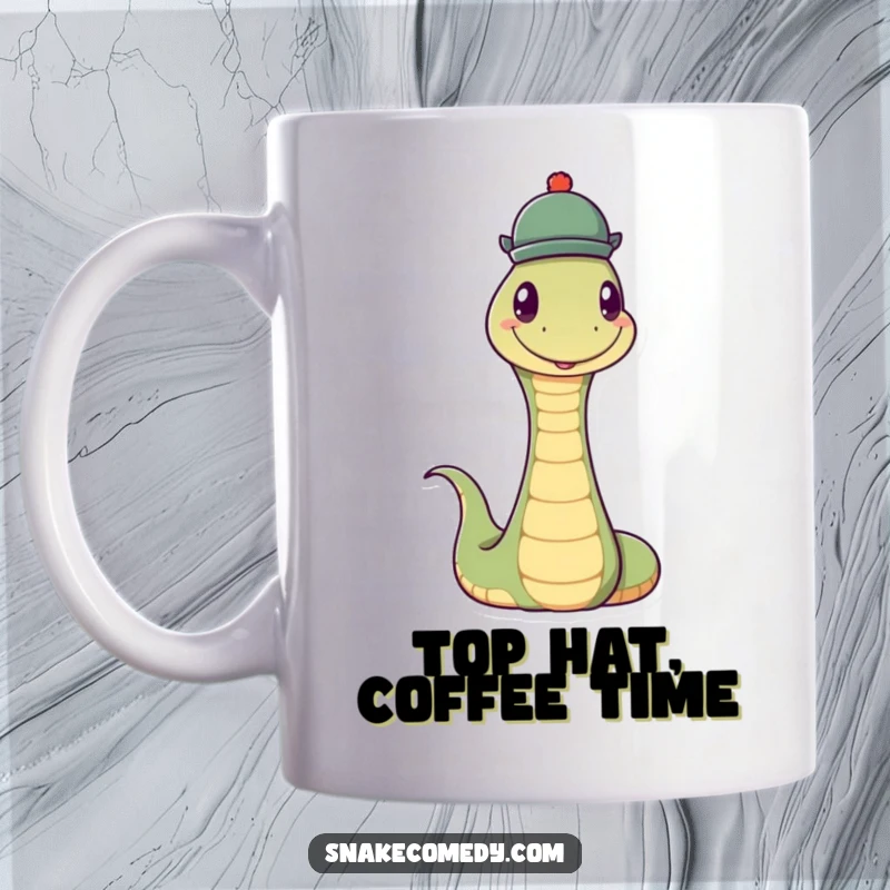 Funny Balanced Snake Hat Mug: A happy snake humorously balancing a small, round hat on its head, looking dapper.