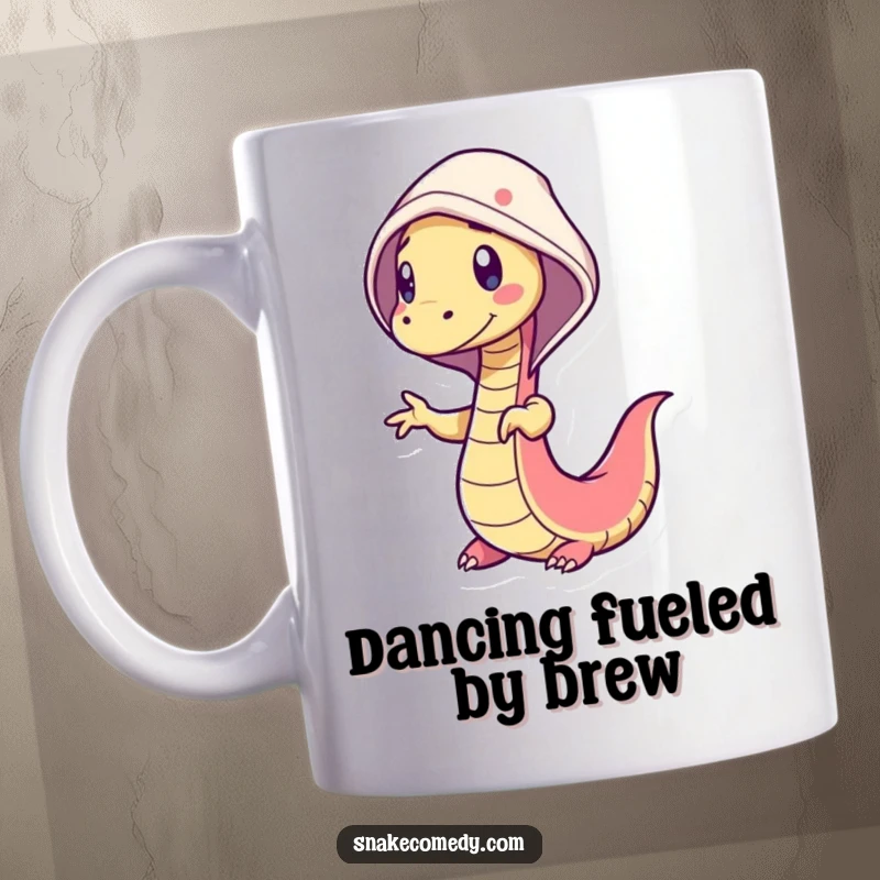 Funny snake mug showing a wiggly snake character doing a silly dance, wearing a cheerful hood, full of goofy energy.