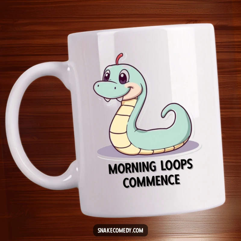 Funny serpentine mug, playful snake with a wide toothy grin wiggling in a loop, conveying mischief, a funny gift.