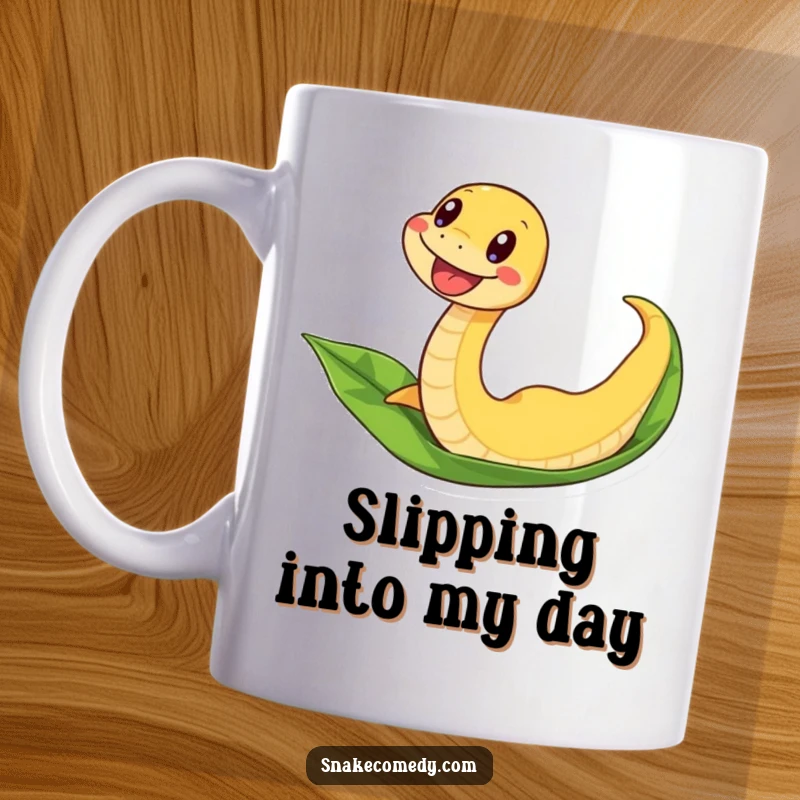 Funny snake mug depicting an excited snake wiggling as it slides down a green leaf.