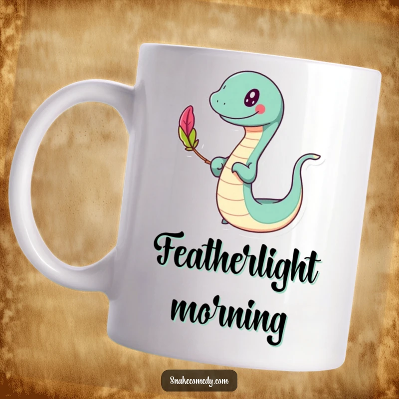Funny slithering mug, happy character swaying while balancing a colorful feather, conveying joy and equilibrium, a funny gift.