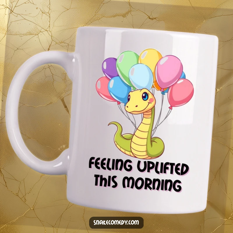 Funny Snake Mug: A happy snake is playfully tangled in a vibrant cluster of colorful balloons, looking amused.