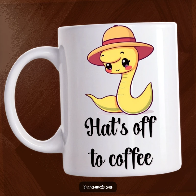 Funny snake character happily balancing a small, round hat on its head, a charmingly stylish mug for hat enthusiasts.