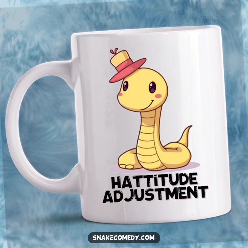 Funny Snake Hat Mug: A smiling snake with a cheerful demeanor is balancing a miniature, elegant hat on its head.
