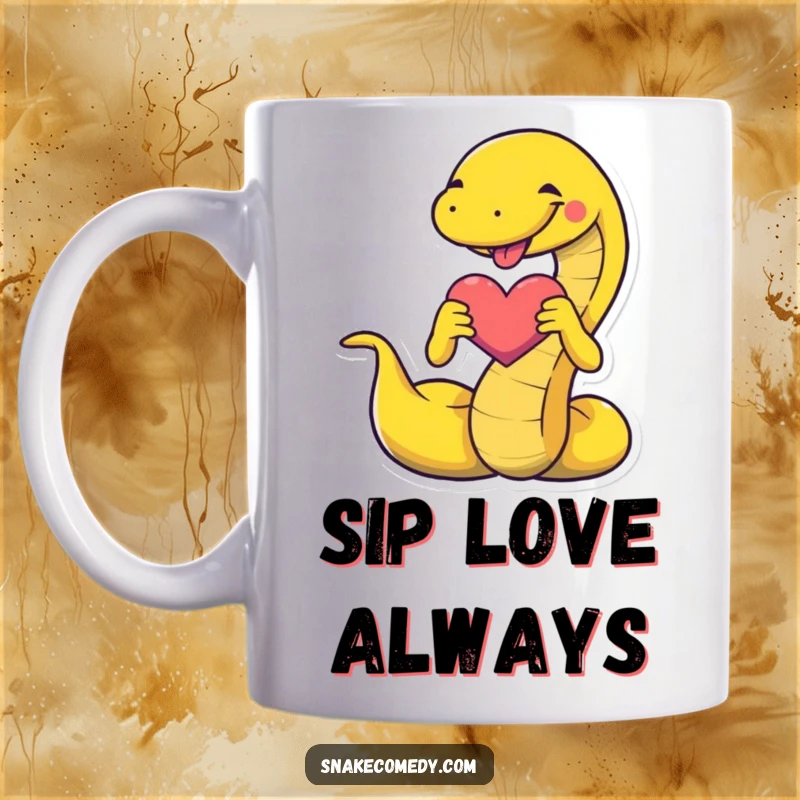Funny snake mug featuring a charming snake enthusiastically forming a heart shape with its body, a symbol of love and humor.