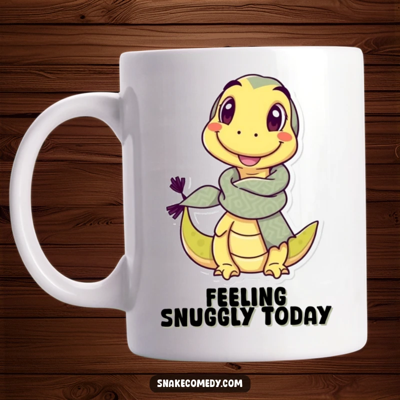 Funny mug featuring a delighted snake character wearing a comically large, patterned scarf and winking mischievously.
