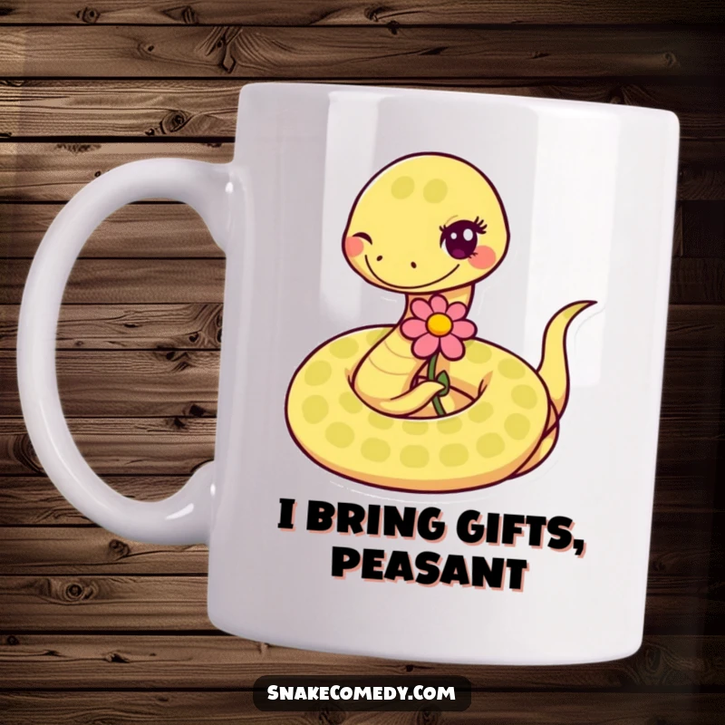 Funny coiled snake winking and offering a delicate flower on a mug, conveying a sweet and humorous gesture.