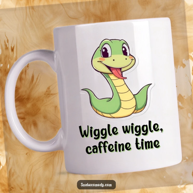 Funny snake mug with a cartoon snake wiggling energetically, tongue sticking out playfully, spreading pure joy and laughter.