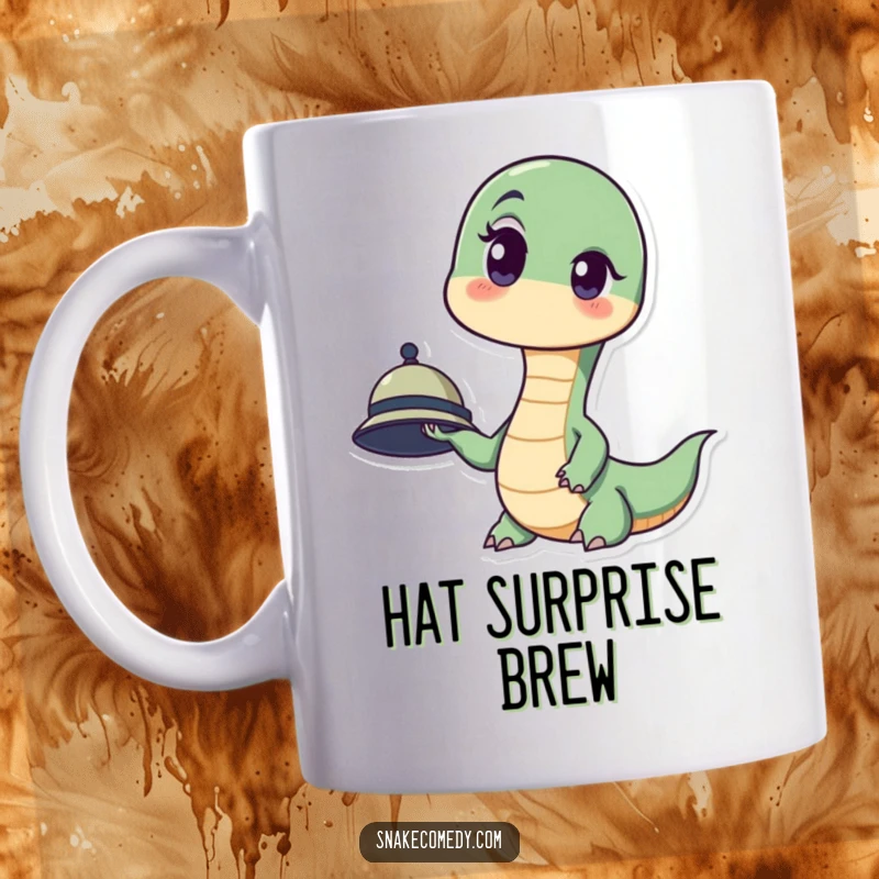 Funny mug depicting a snake with a look of genuine surprise, one eyebrow raised, holding a comically tiny hat.