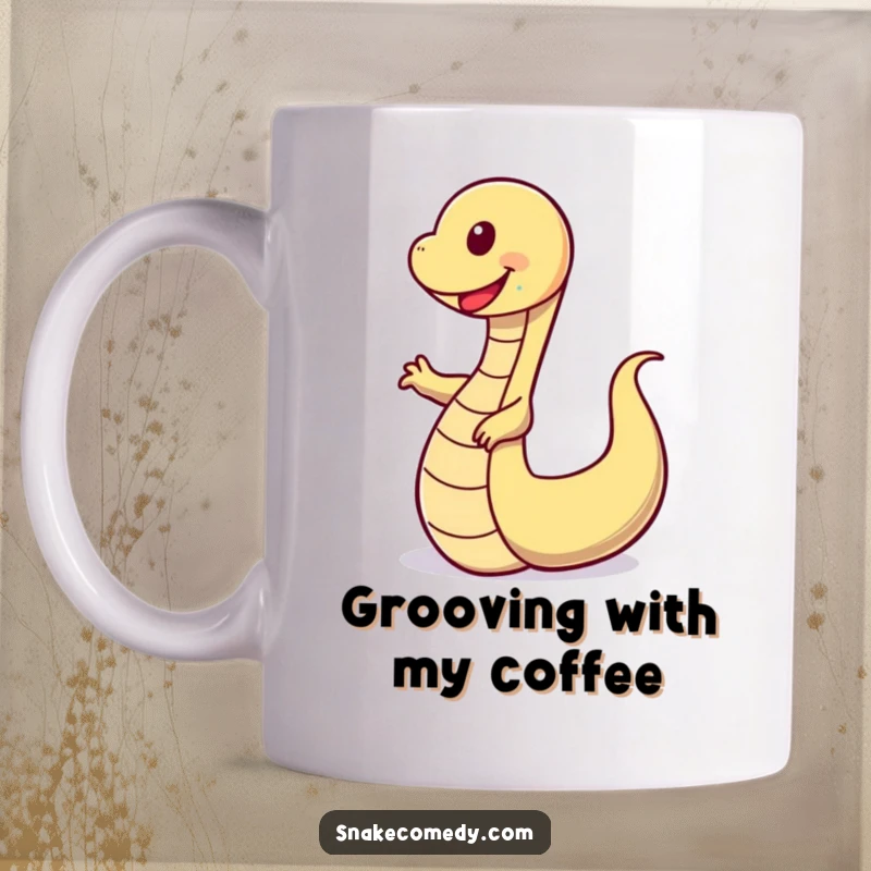 Funny mug featuring a happy, smiling snake energetically doing a wobbly dance with its tail, radiating pure, unadulterated joy.