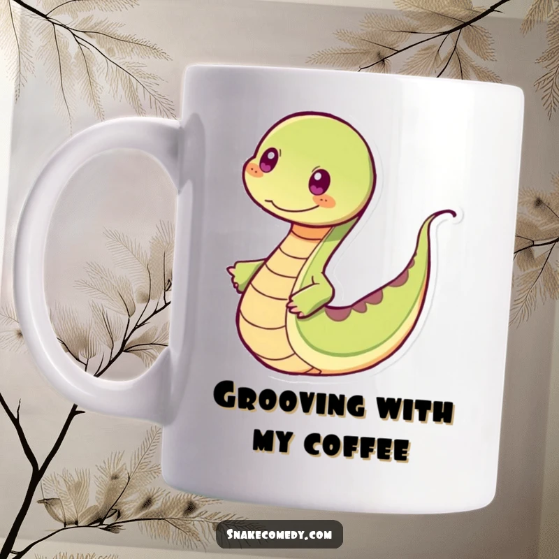 Funny snake mug with a playfully wiggling tail, dancing rhythmically with a joyful expression.