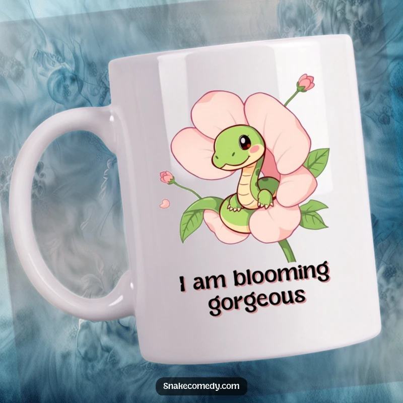 Funny mug with a cute snake playfully peeking out from a vibrant, blossoming flower, showcasing a mischievous and sweet personality.