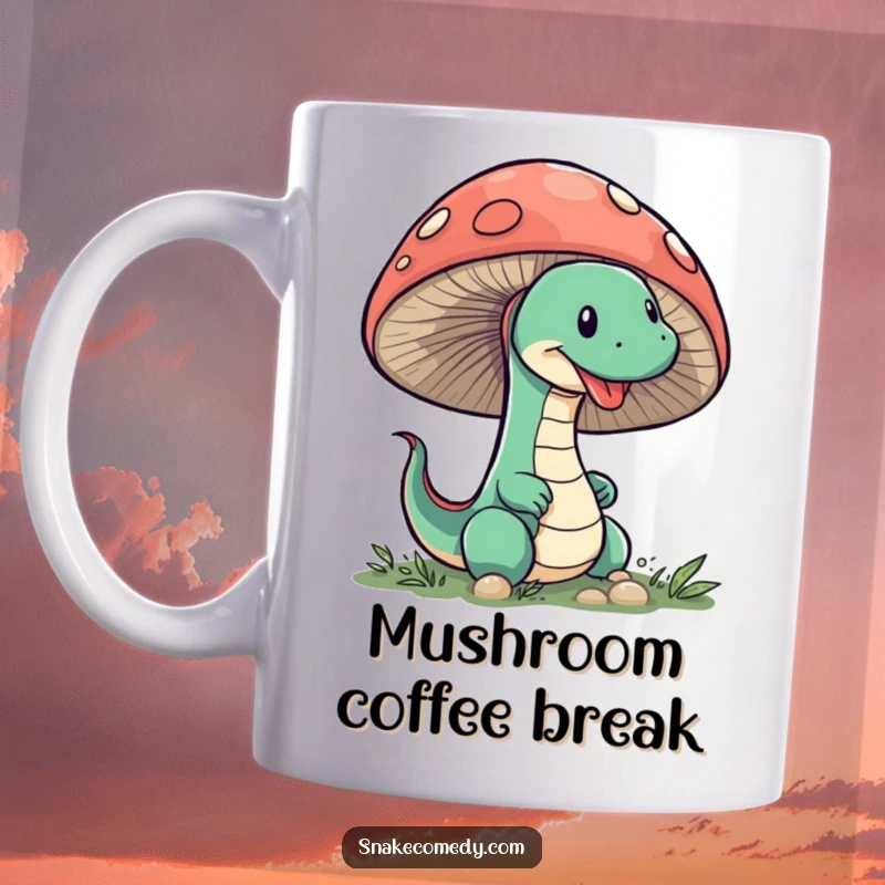 Funny Snake Mushroom Mug: A sneaky snake with mischievous eyes peeks out from behind a large, colorful mushroom.