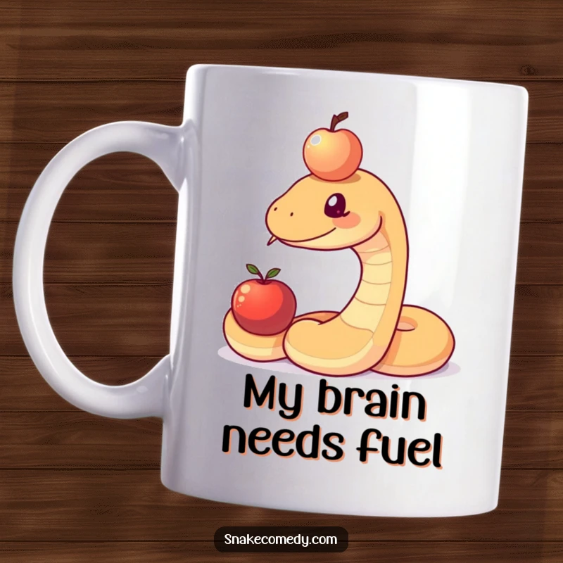 Funny snake character struggling to balance a shiny apple on its head, depicted on a mug, conveying playful determination.