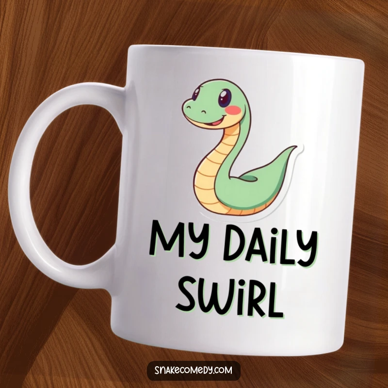 Funny snake mug featuring a happy serpent slithering playfully in a tight spiral with a wide, joyous grin.