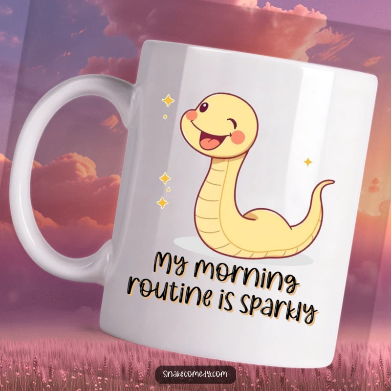 Funny sparkle snake mug, a joyful character slithering with glee, leaving a magical trail of glitter, perfect for enchanted sips.