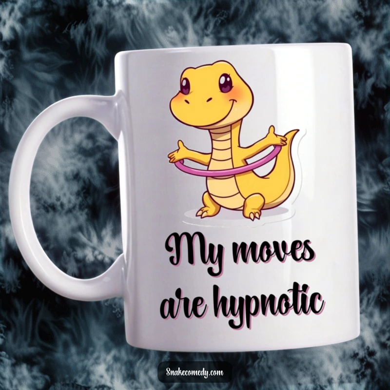 Funny mug featuring a snake with a wide, silly grin, expertly hula hooping with infectious joy and vibrant energy.