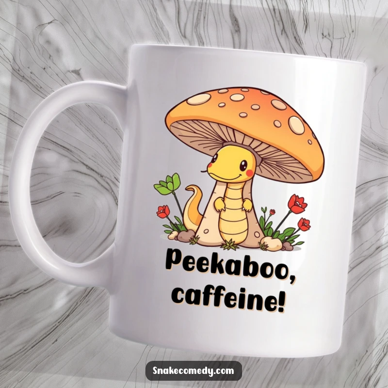 Funny mug featuring a sneaky snake peeking with a mischievous grin from behind a huge, colorful mushroom, perfect for a laugh.