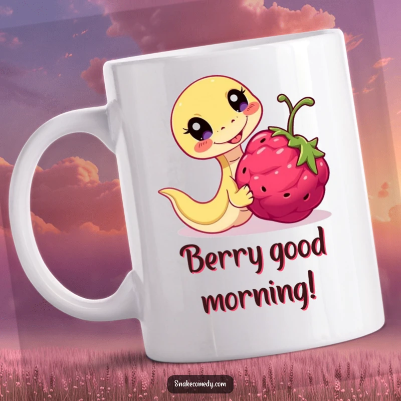 Funny Playful Snake Mug: serpent joyfully pursuing a rolling berry, eyes bright with fun, great gift.