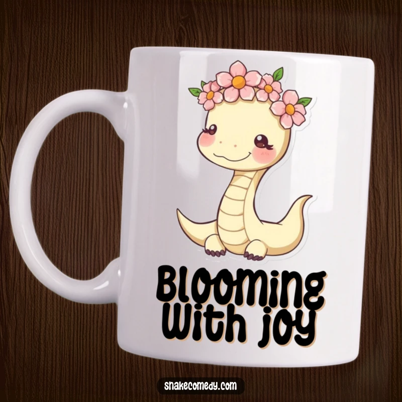 Funny Serene Snake Mug: serpent wearing a flower crown, looking cheerful and peaceful, great gift.