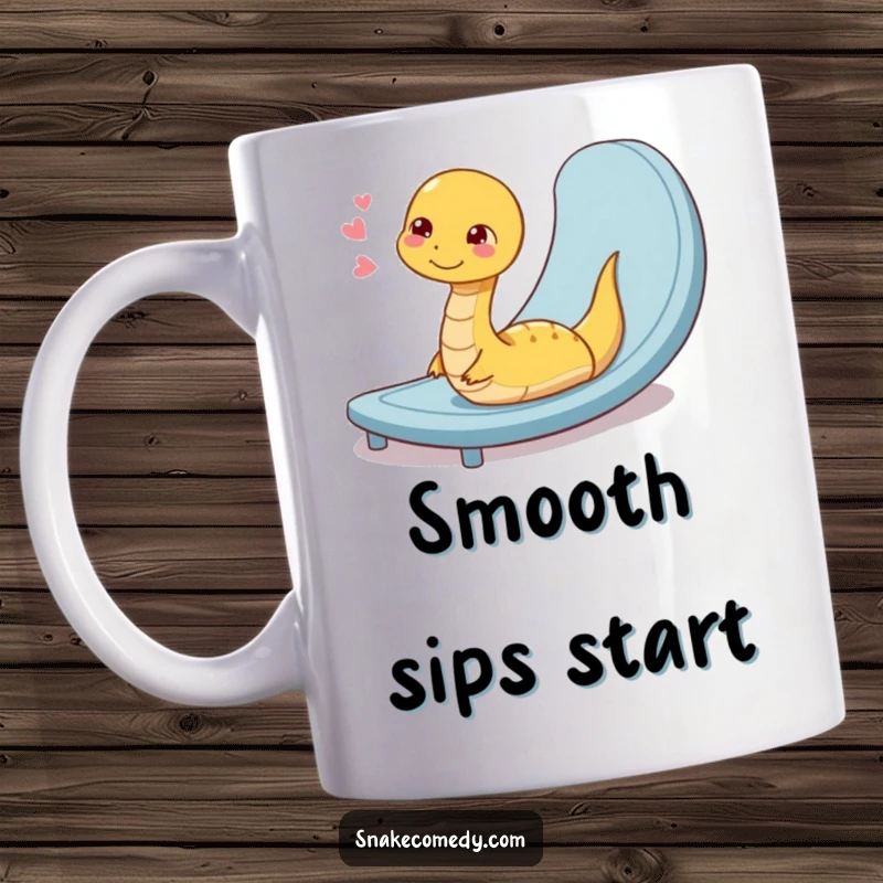 Funny mug with a coiled snake character sighing contently after smoothly sliding down a ramp, embodying ultimate relaxation.