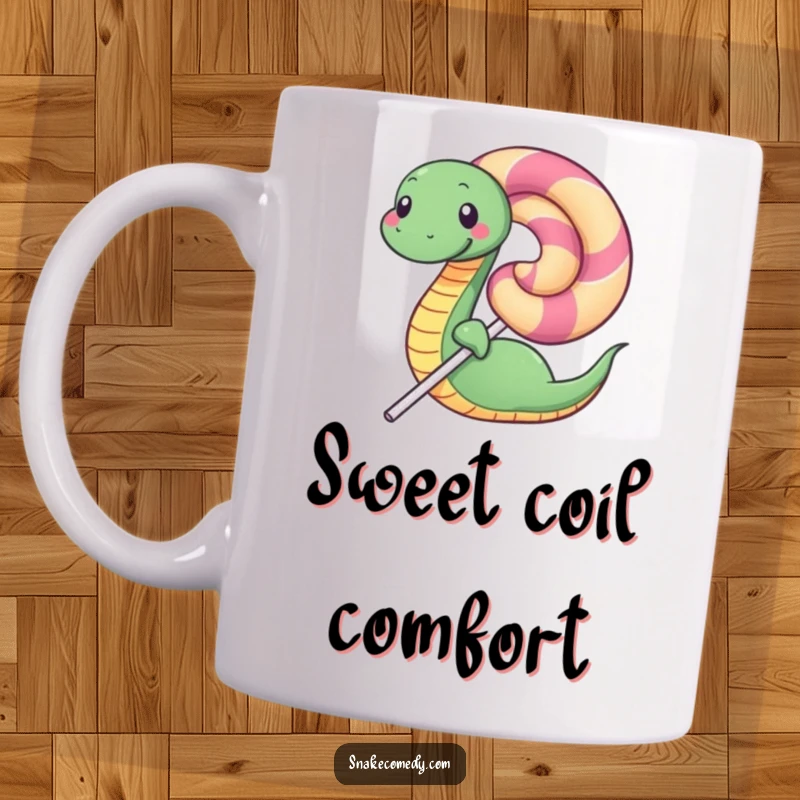 Funny mug with a happy snake character affectionately coiling around a large, colorful, and appetizing lollipop, full of delight.