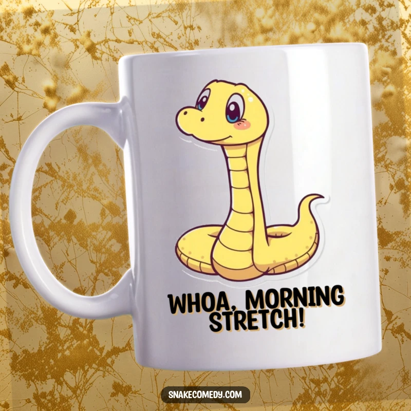Funny mug showing a snake dramatically stretching upwards with wide, surprised eyes and an open mouth, a comical reaction.
