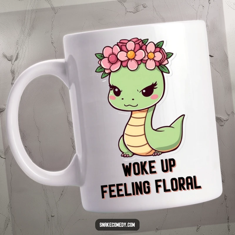 Funny cute snake with a flower crown winking slyly, wearing a charming expression on a delightful, humorous mug.