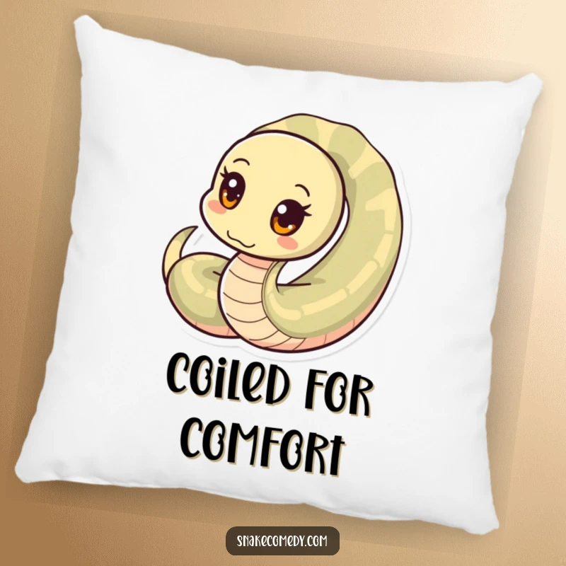Funny snake pillow, curious snake with circular eyes peeking from a coil, soft and humorous, a perfect funny gift.