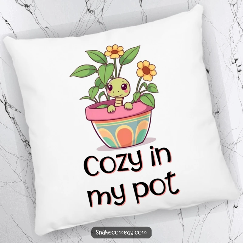 Funny snake pillow featuring a snake curiously peeking out of a colorful flower pot, providing soft, humorous comfort.