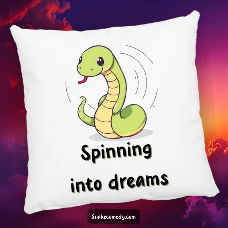 Funny snake pillow featuring a snake in a comical dizzy spin, chasing its tail, providing soft and humorous comfort.