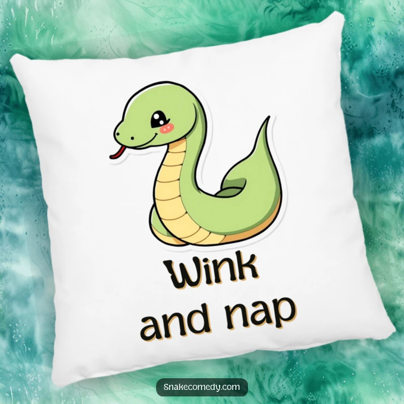 Funny snake pillow featuring a snake dramatically coiling and uncoiling with a playful wink, providing soft, humorous comfort.