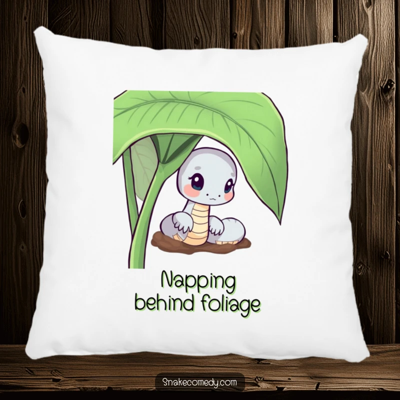 Funny Curious Snake Pillow design: serpent peeking from a leaf, embodying inquisitive and cozy vibes.