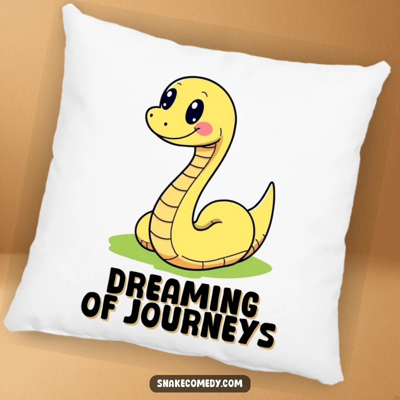 Funny snake character joyfully slithering on a colorful path, on a soft and humorous pillow.
