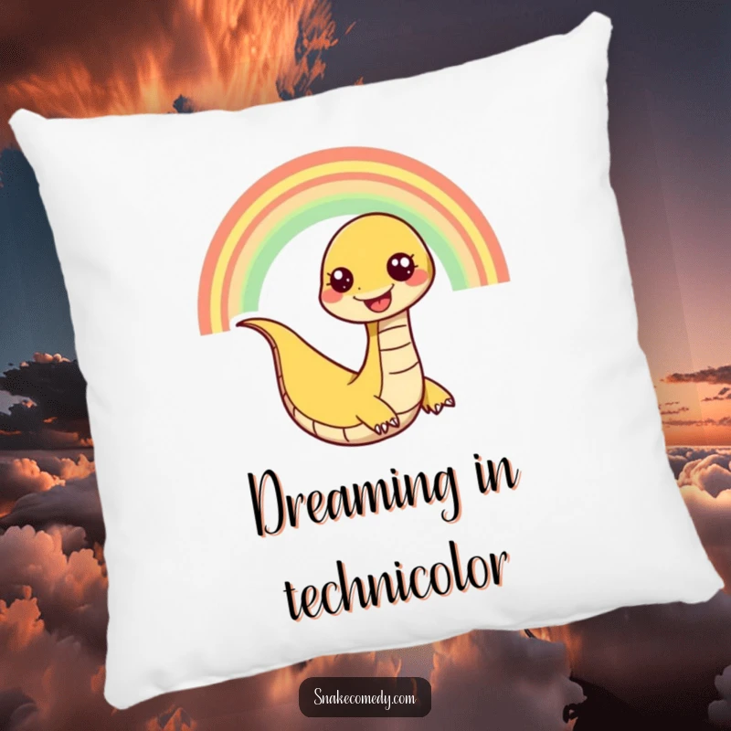 Funny snake pillow showing a happy snake character slithering playfully down a rainbow, embodying comfort and vibrant delight.