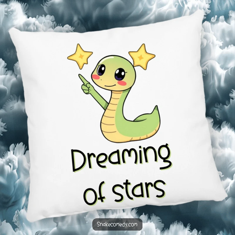 Funny snake excitedly pointing its head towards a twinkling star on a pillow, offering comfort and inspiring dreams.